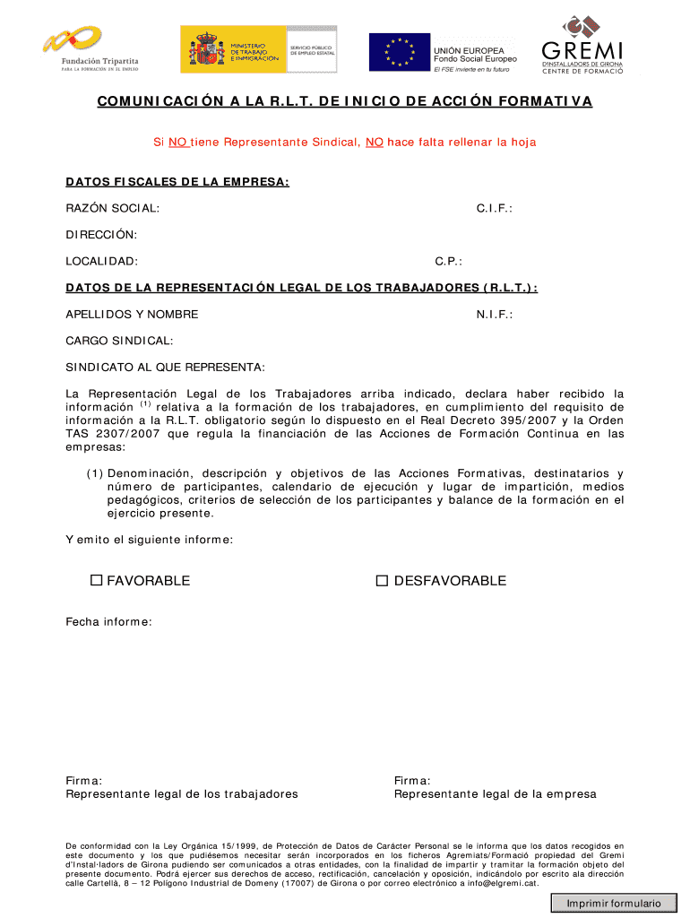COMUNICACIN A LA RLT DE INICIO DE ACCIN FORMATIVA Vista previa en la página 1