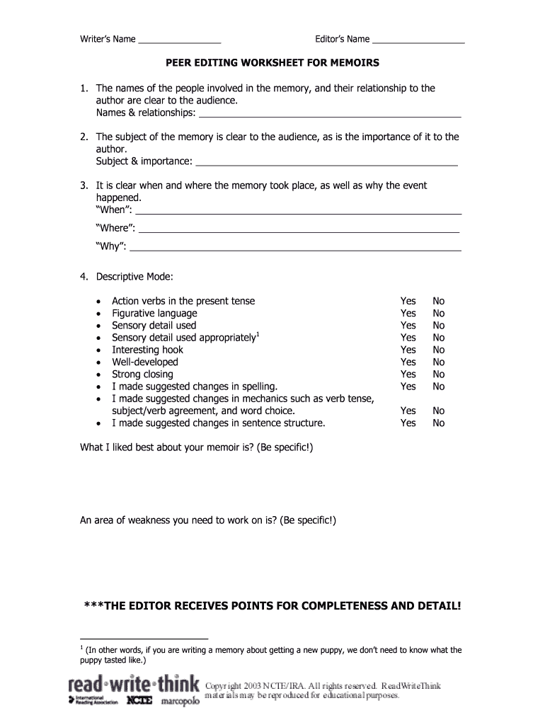 Fillable Online Revision worksheet for memoirs ReadWriteThink Fax Email Print pdfFiller