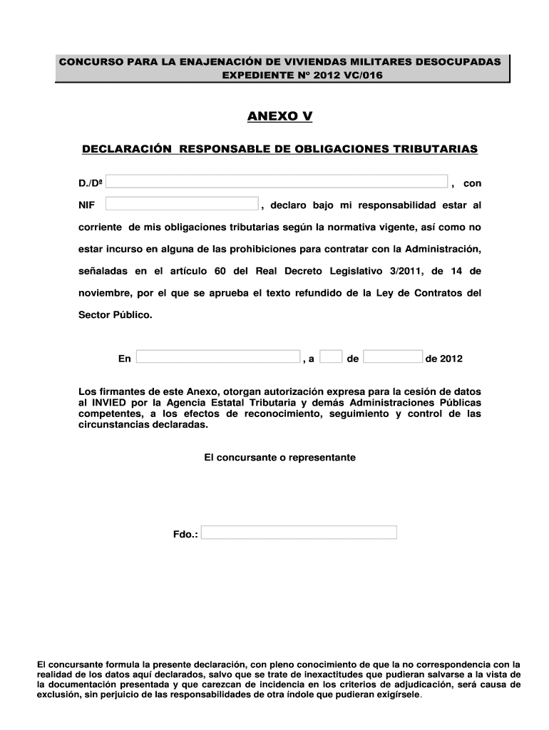 Concurso para la enajenacin de viviendas militares desocupadas Anexo V- Declaracin responsable de ob Vista previa en la página 1