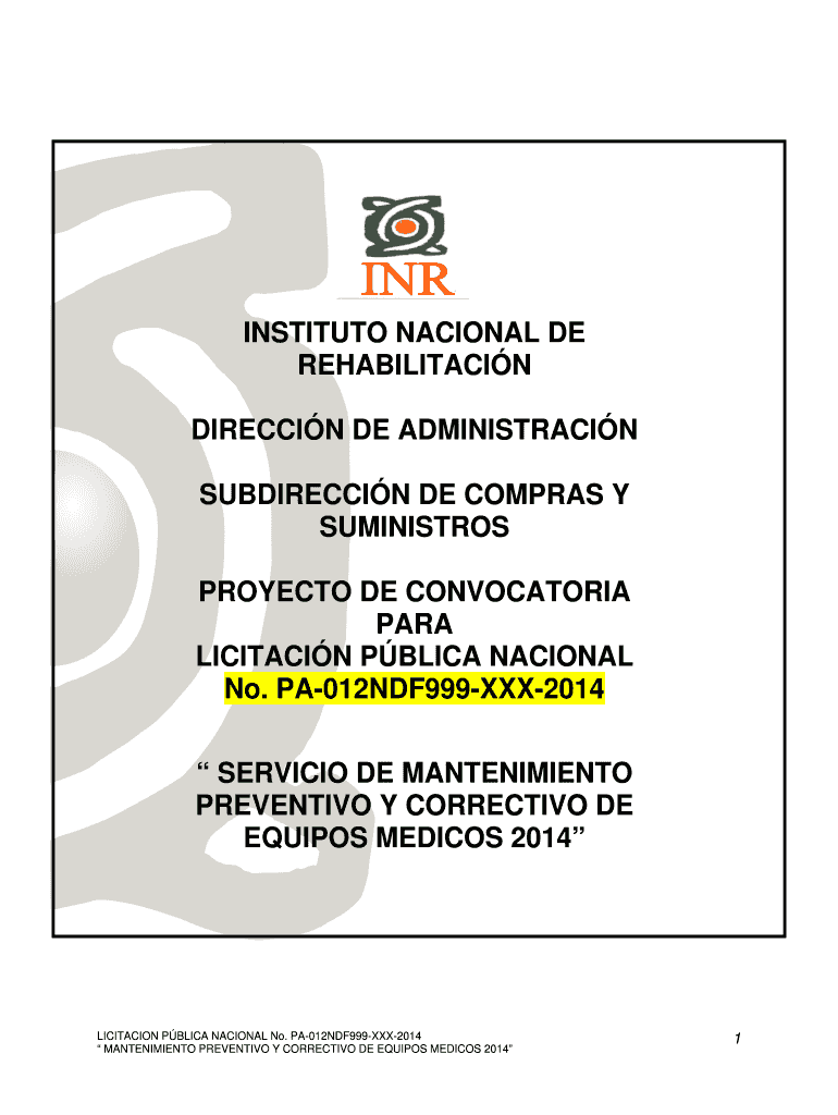 No PA-012NDF999-XXX-2014 - Instituto Nacional de Rehabilitaci n Vista previa en la página 1