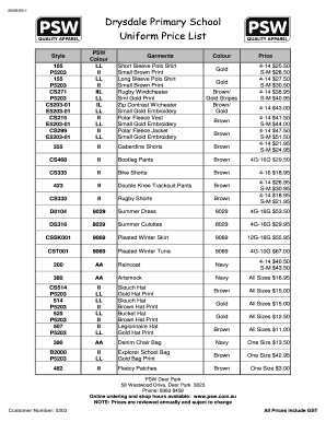 School uniform rate list - school uniform price list