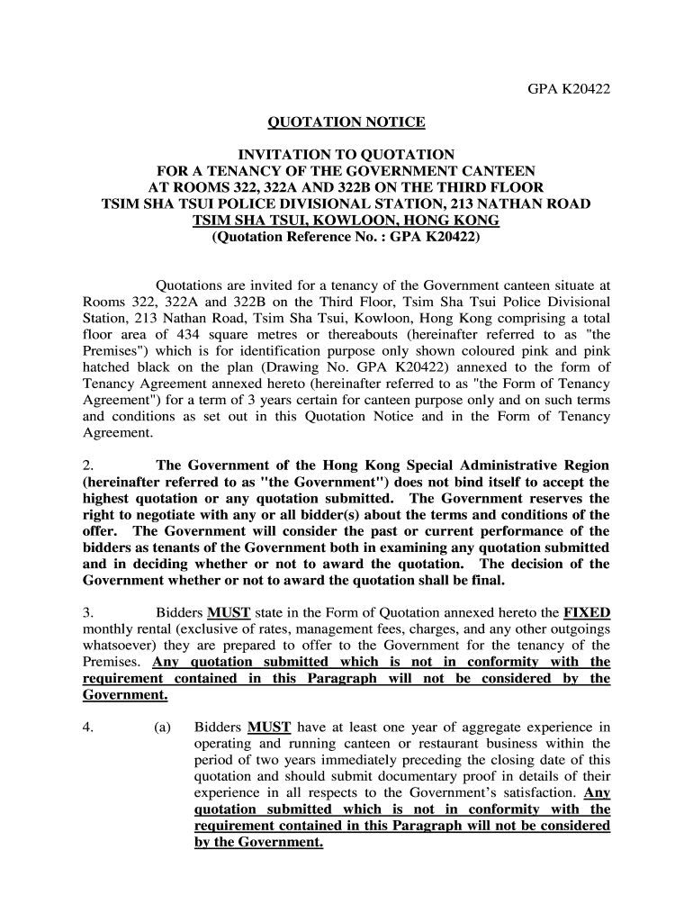 Fillable Online QUOTATION NOTICE INVITATION TO QUOTATION FOR A TENANCY