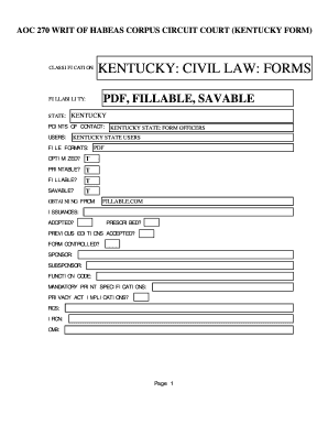 AOC 270 WRIT OF HABEAS CORPUS CIRCUIT COURT KENTUCKY FORM KENTUCKY