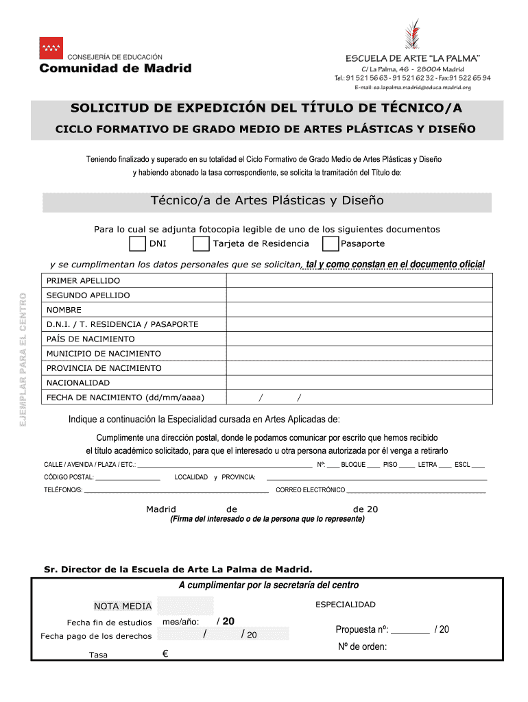 Solicitud del T tulo de T cnico - Escuela de Arte La Palma Vista previa en la página 1