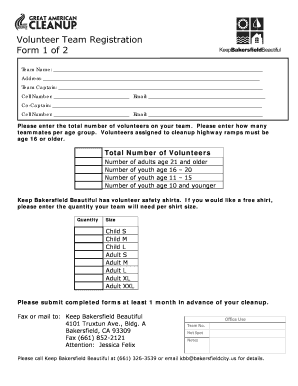 Volunteer Team Registration Form 1 of 2