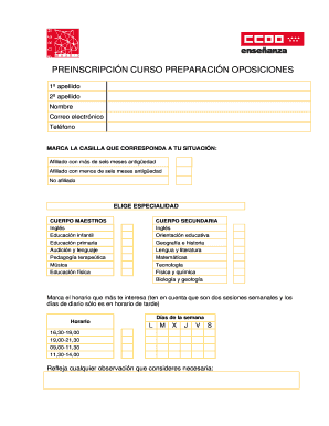 Google doc agenda template - PREINSCRIPCIN CURSO PREPARACIN OPOSICIONES 1 apellido 2 apellido Nombre Correo electrnico Telfono MARCA LA CASILLA QUE CORRESPONDA A TU SITUACIN - feccoo-madrid