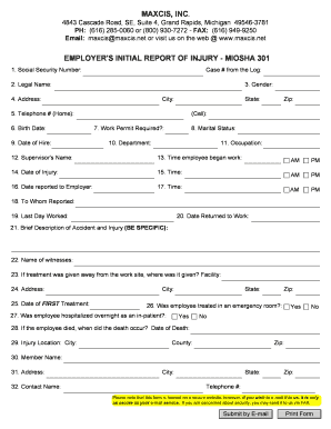 Employer's Initial Report of Injury - MIOSHA 301