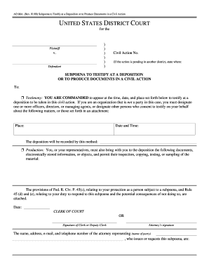 US Federal Subpoena to Testify at a Deposition or to Produce Documents in a Civil Action