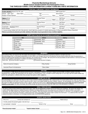 Charlotte-Mecklenburg Schools Middle School Student-Athlete Pre-Participation Form