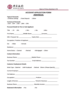Bank of China Zambia Account Application Form