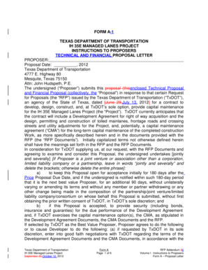 FORM A-1 TEXAS DEPARTMENT OF TRANSPORTATION IH 35E MANAGED LANES PROJECT INSTRUCTIONS TO PROPOSERS TECHNICAL AND FINANCIAL PROPOSAL LETTER PROPOSER: Proposal Date: , 2012 Texas Department of Transportation 4777 E - ftp dot state tx