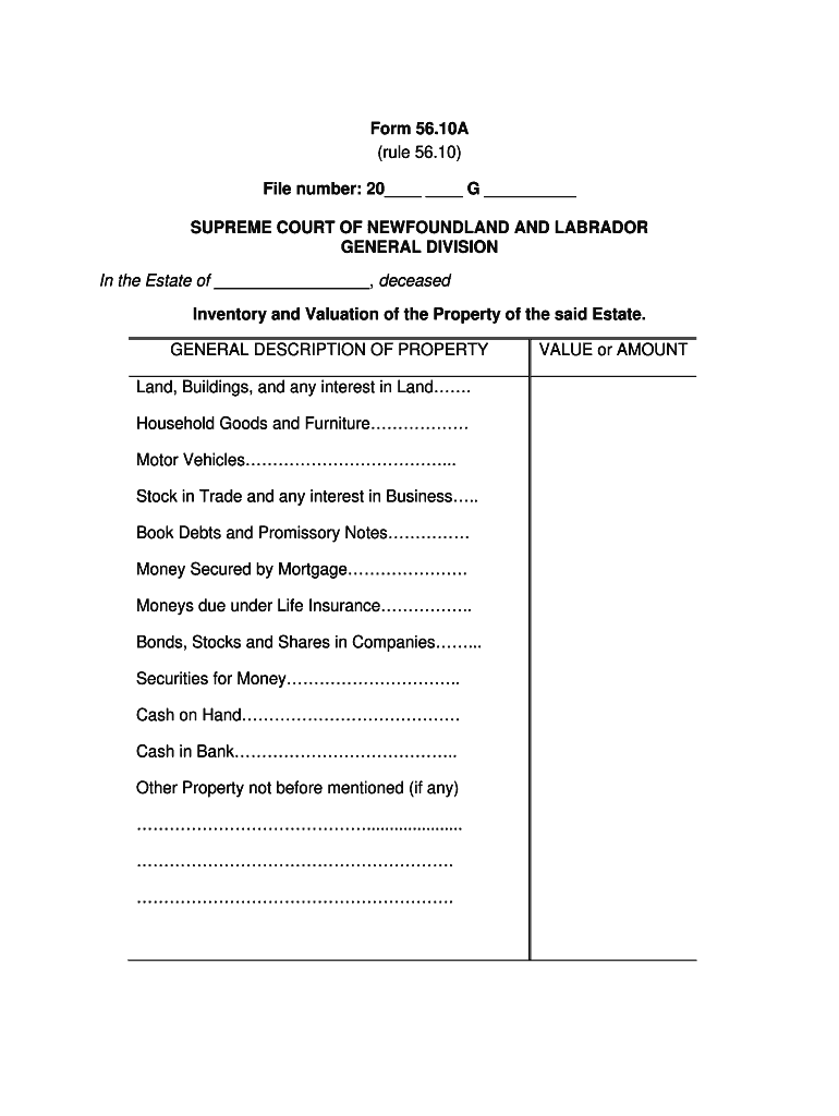 Form 56.10A File number: 20 G SUPREME COURT OF NEWFOUNDLAND ... Preview on Page 1