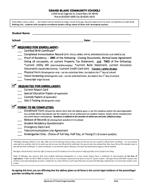 Grand Blanc Student Enrollment Form