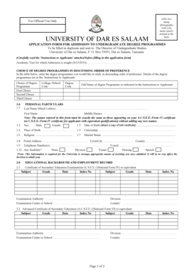 University of Dar es Salaam Undergraduate Application Form