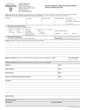 University of Waterloo Graduate Student Change of Enrolment Status/Voluntary Withdrawal Form