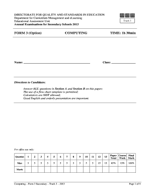 Computing Form 3 Secondary Exam 2013