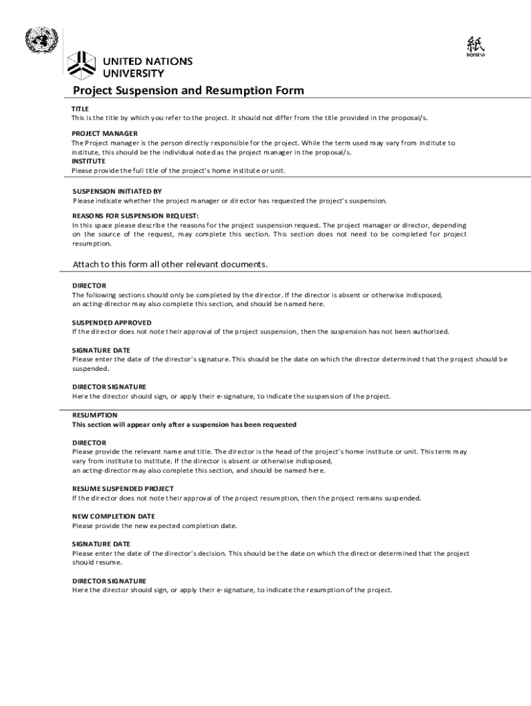 Fillable Online i unu Project Suspension and Resumption Form (guide