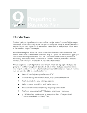 9 chapter Preparing a Business Plan Preparing a Business Plan Introduction Creating business plans has not been one of the routine tasks of nonprofit directors or boards as it is in the forprofit sector, but, as nonprofits are forced to - -