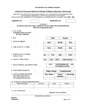 Andhra Pradesh Paramedical Course Application Form