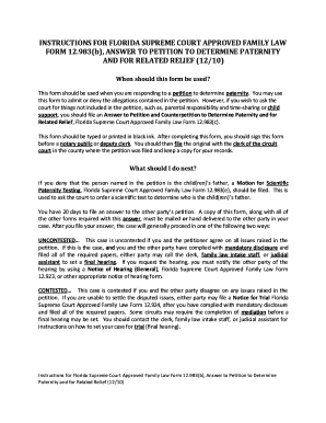 Florida Answer to Petition to Determine Paternity Form 12.983(b)