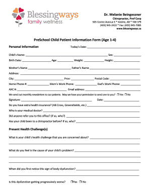 PreSchool Child Patient Information Form Age 1-4 - blessingways