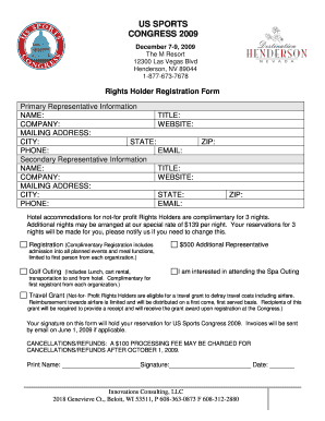 Newsletter template google docs - US SPORTS CONGRESS 2009 December 79, 2009 The M Resort 12300 Las Vegas Blvd Henderson, NV 89044 18776737678 Rights Holder Registration Form Primary Representative Information NAME: TITLE: COMPANY: WEBSITE: MAILING ADDRESS: CITY: STATE: - - -