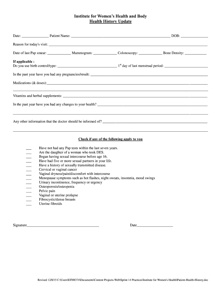 Fillable Online Institute for Womens Health and Body Patient Health