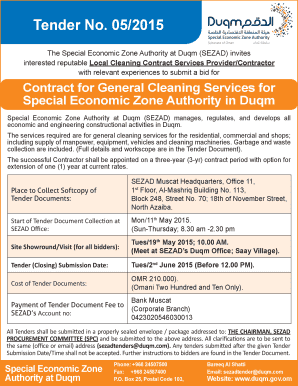 05/2015 The Special Economic Zone Authority at Duqm (SEZAD) invites interested reputable Local Cleaning Contract Services Provider/Contractor with relevant experiences to submit a bid for Contract for General Cleaning Services for Special -