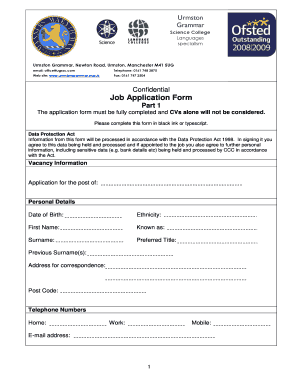 Application for incomplete work - Job Application Form Part 1 - Urmston Grammar School - urmstongrammar org