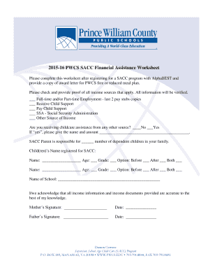 Teacher newsletter templates - 2015-16 bPWCSb bSACCb Financial Assistance Worksheet - sacc departments pwcs