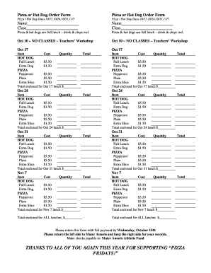 Pizza or Hot Dog Order Form Pizza or Hot Dog Order Form Pizza / Hot Dog Days10/17,10/24,10/31,11/7 Pizza / Hot Dog Days10/17,10/24,10/31,11/7 Name Class Name Class Pizza &amp