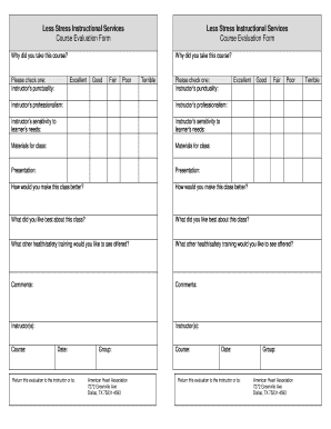 Course evaluation questionnaire - Less Stress Instructional Services Course Evaluation Form