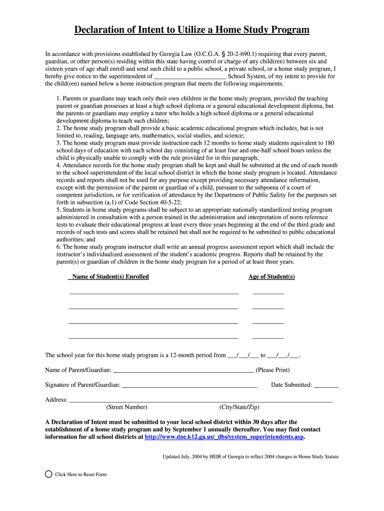 Fillable Online Declaration of Intent to Utilize a Home Study