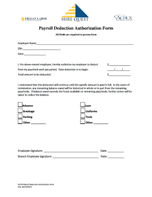 Wage deduction authorization agreement - AC110 Payroll Deduction Authorization Form - HQ Internal Use