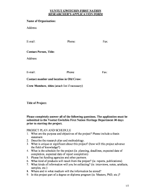 VUNTUT GWITCHIN FIRST NATION RESEARCHERS APPLICATION FORM