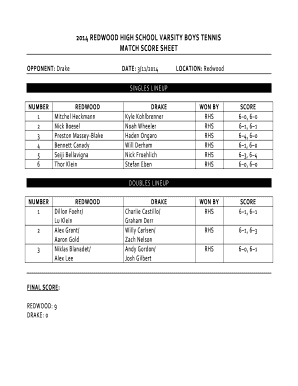 Tennis lineup - 2014 REDWOOD HIGH SCHOOL VARSITY BOYS TENNIS MATCH SCORE SHEET - mcalsports