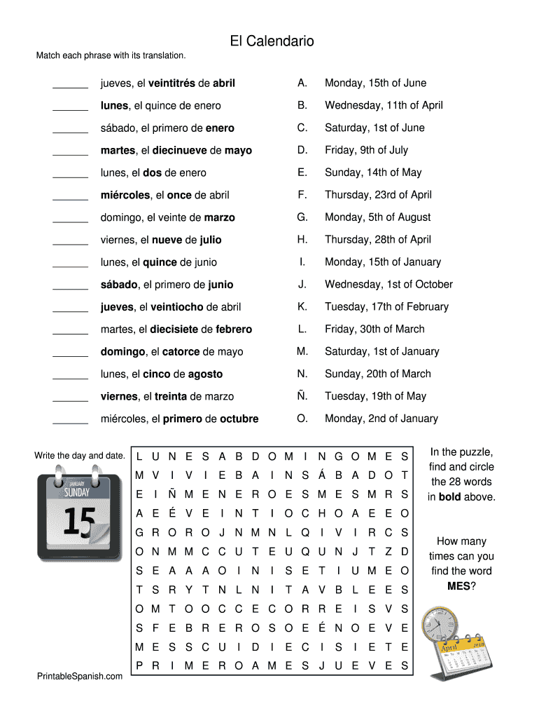 El Calendario - Printable Spanish Preview on Page 1