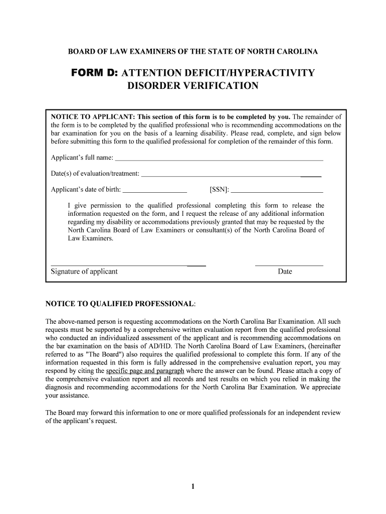 north carolina examiners d deficit disorder form Preview on Page 1