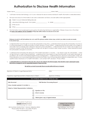 I authorize Inverness Dermatology, LLC to use or disclose the above named individuals health information as described below