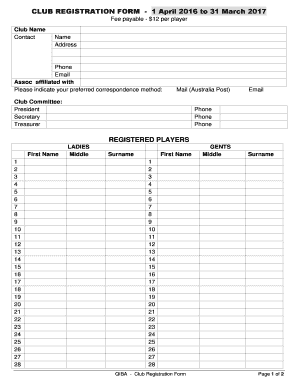 CLUB REGISTRATION FORM - 1 April 2016 to 31 March 2017