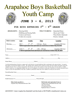 JUNE 3 6, 2013 FOR BOYS ENTERING 3RD 8TH GRADE HIGHLIGHTS: Shooting Drills Dribbling and Passing Skills Contests and Games Tshirts for everyone WHAT TO BRING: Basketball Shoes Shorts and TShirt Water Bottle (Optional) Positive Attitude