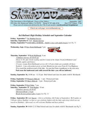 Kol HaEmek High Holiday Schedule and September Calendar - kolhaemek