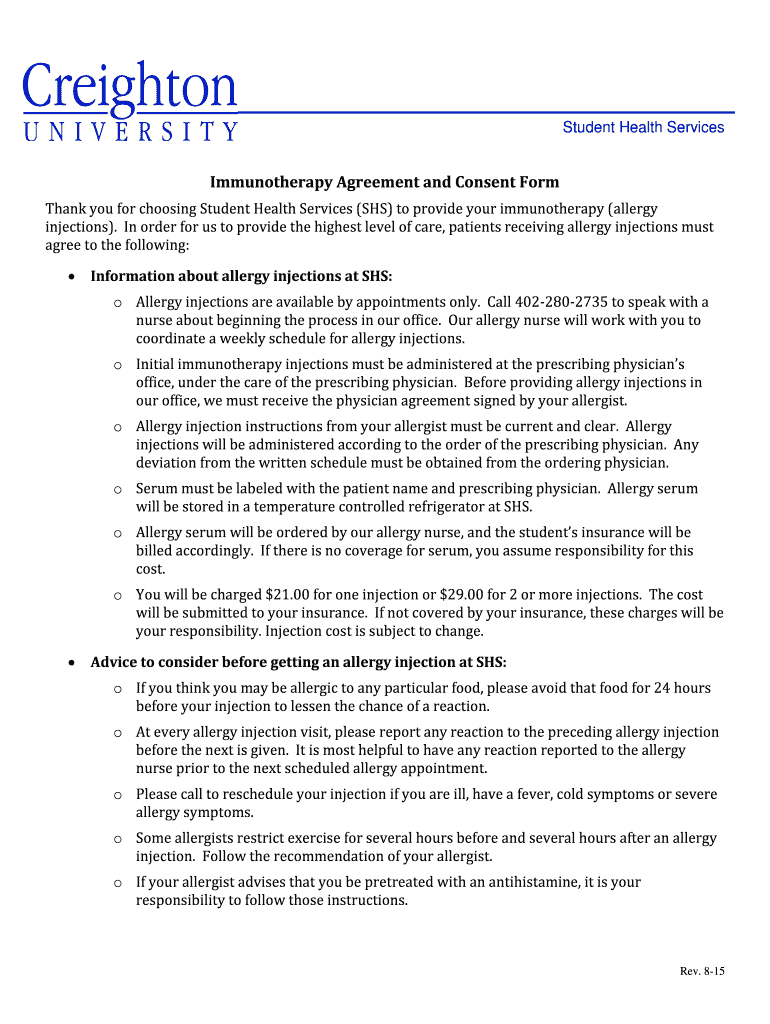 Fillable Online creighton Immunotherapy Agreement and Consent bFormb