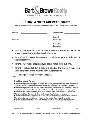 Fillable Online 30-Day Written Notice To Vacate.pdf - Bart &amp; Brown Fax ...