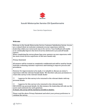 Customer service satisfaction survey questions - Suzuki Motorcycles Service CSI Questionnaire Final