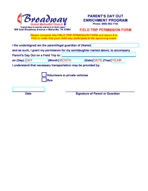 Field Trip Permission Form - Broadway United Methodist Church