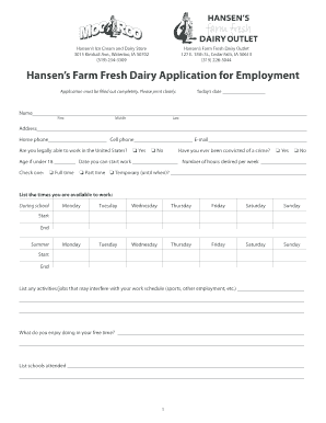 Hansens Farm Fresh Dairy Application for Employment A N SEN H