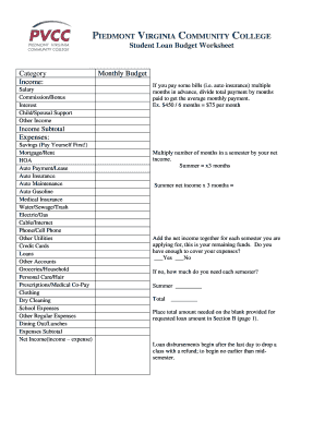 College student monthly budget - Summer Student Loan Request bFormb - Piedmont bVirginiab bb - pvcc