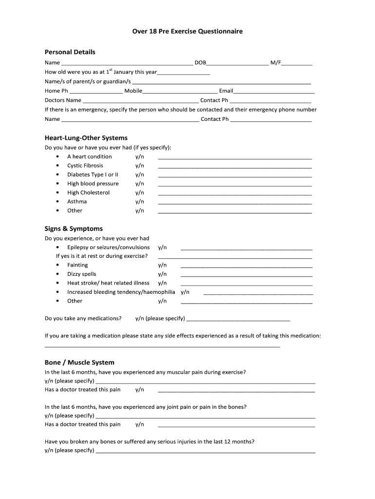 Fillable Online Over 18 Pre Exercise Questionnaire Personal Details