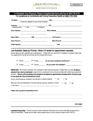 To Schedule Your Physical Please Complete bb - Emory Healthcare